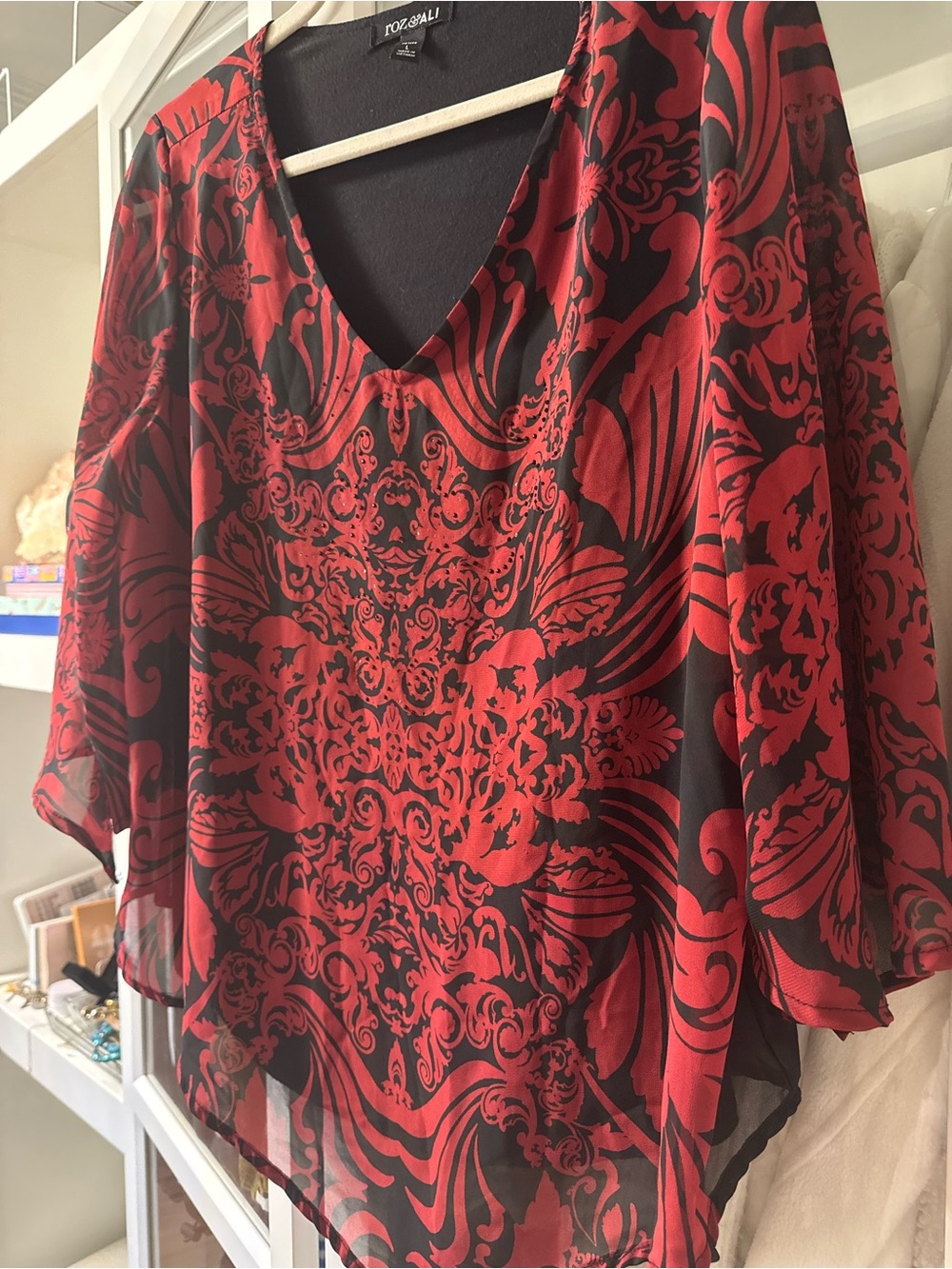 Roz & Ali Red and Black V-Neck Floral Scroll Tunic - Picture 2 of 6